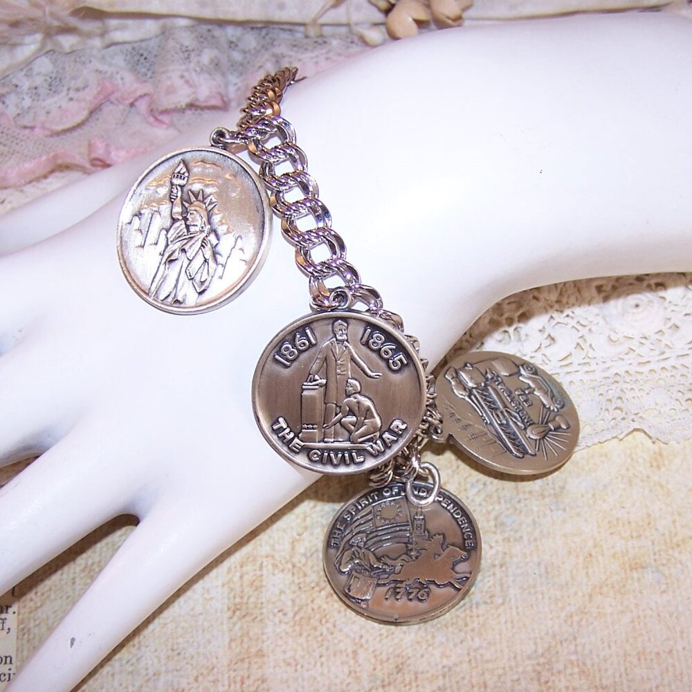 RL Griffith & Son Sterling Silver Charm Bracelet - American History Medal Coins